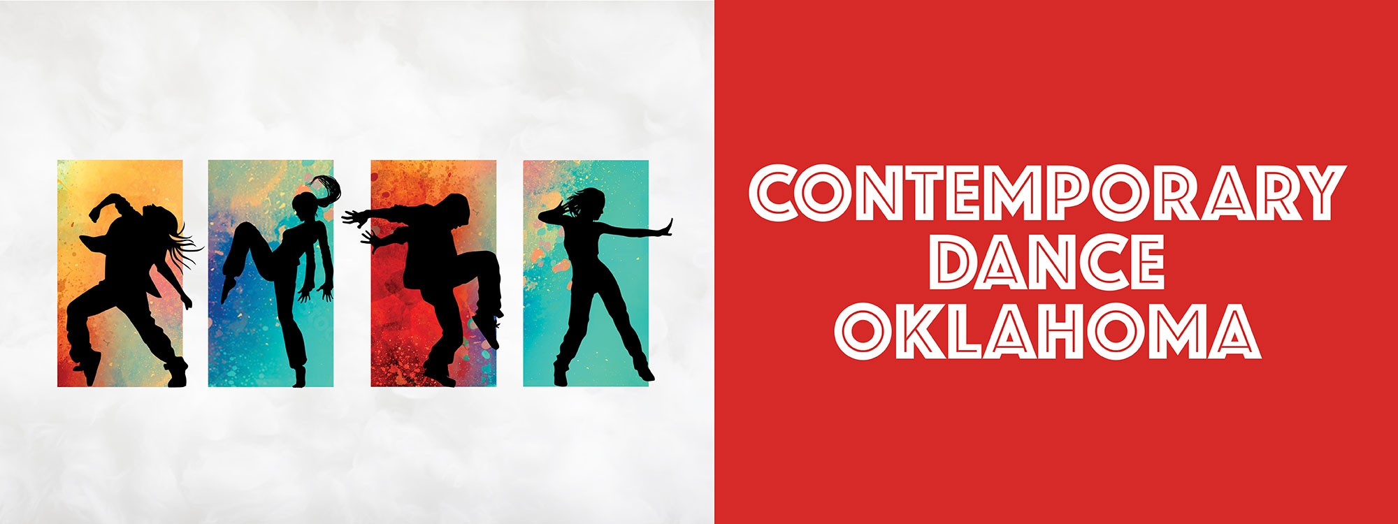 Four black silhouettes of different dancers, overlaying multicolor backgrounds, with "俄克拉荷马现代舞" in white, overlaying a red background.