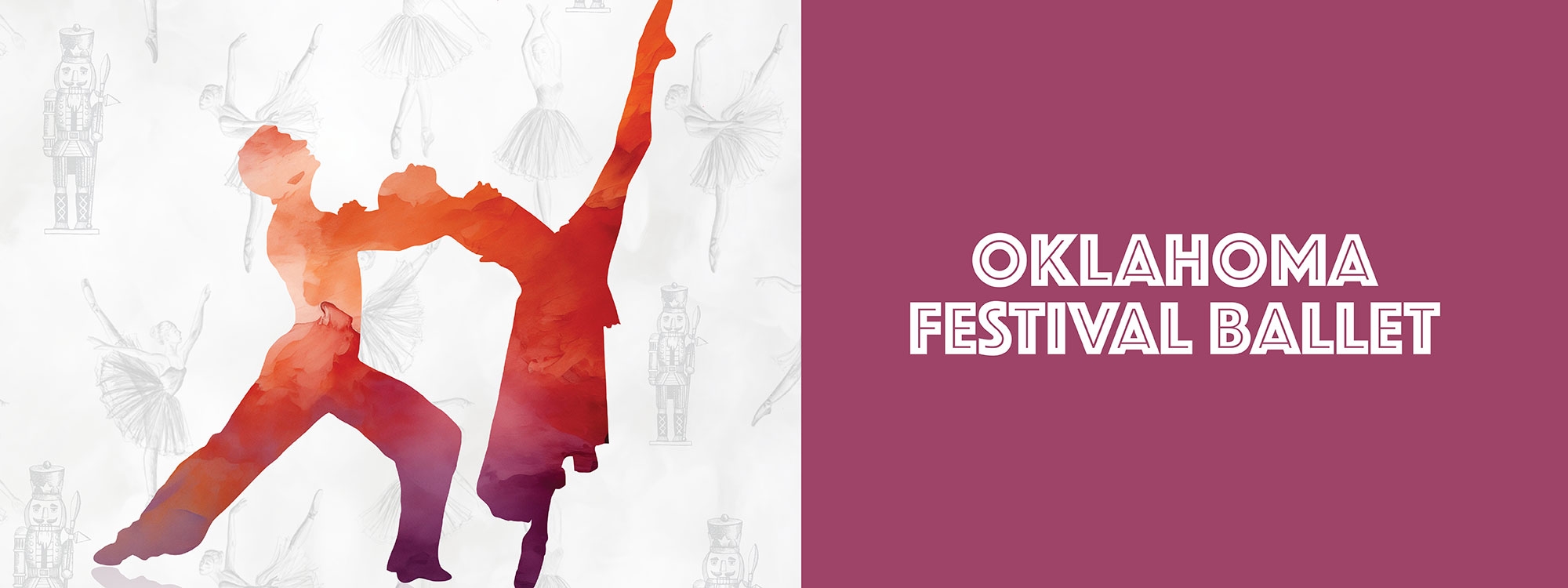 Red silhouettes of two ballet dancers on a stylized white background, with the words "俄克拉荷马州节日芭蕾舞团" in white over a mauve background.