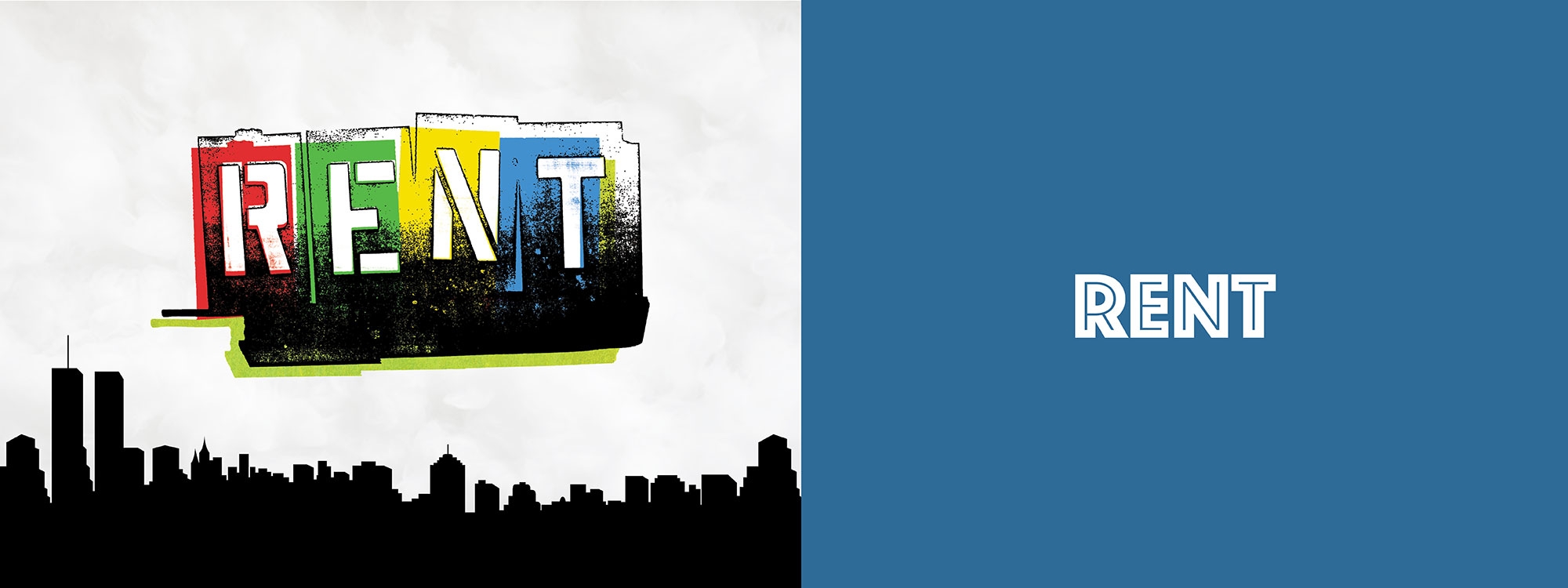 The letters "租金" overlaying red, green, yellow, and blue, with a city scape silhouette at the bottom. The word "租金" in white, overlaying a blue background is to the right.