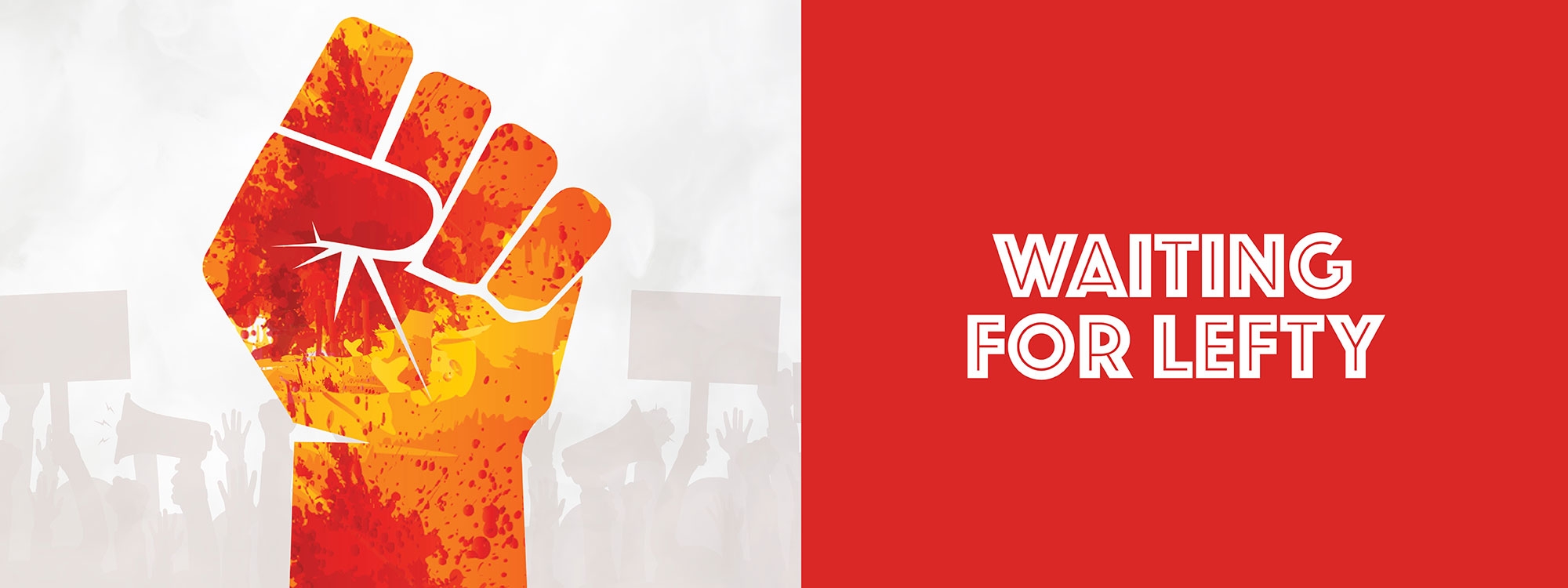An orange silhouette of a raised fist over a white background, with "等待阿左" in white overlaying an orange background to the right.