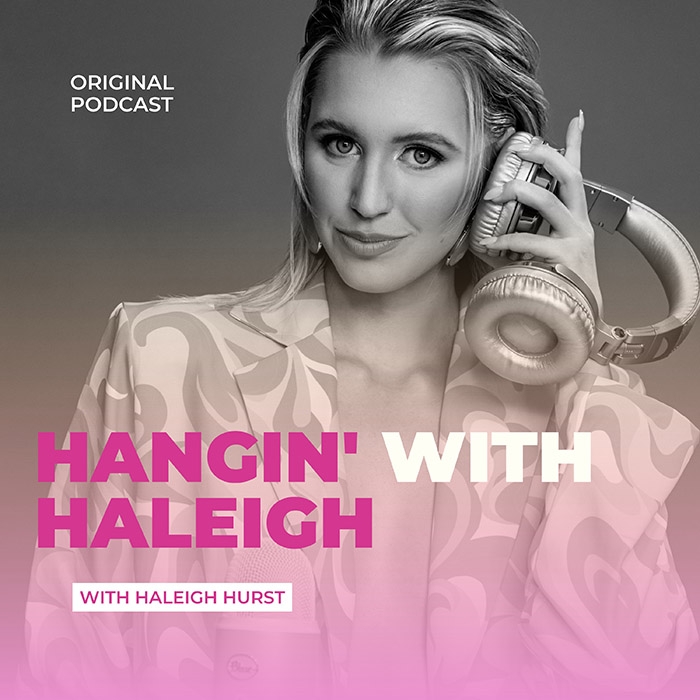 Original 播客, Hangin' with Haleigh, with Haleigh Hurst. Haleigh wearing headphones and smiling for the photo.