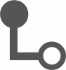 A grey circle connected to a white circle with grey outline via a grey line at a 90 degree angle