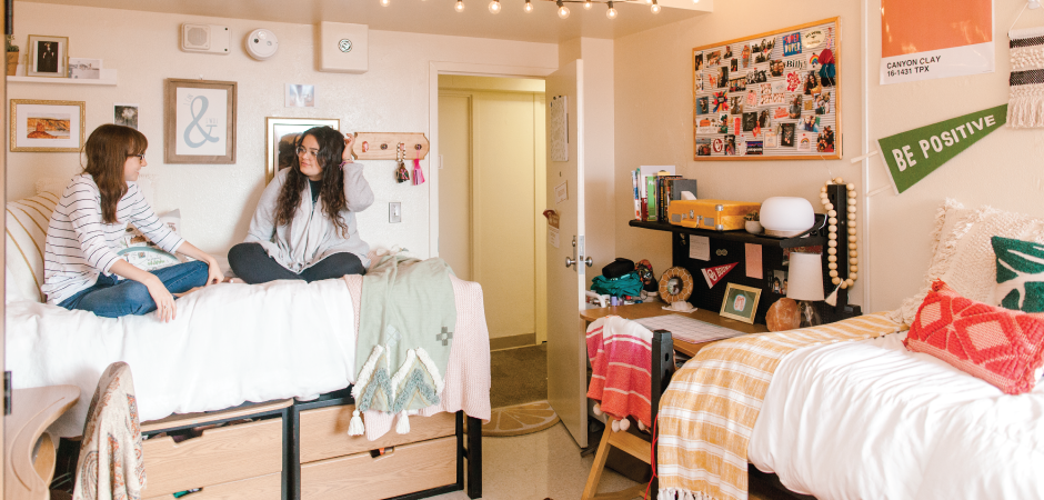 Two students sit on a lofted bed in a residence hall room