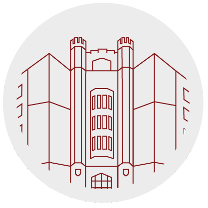 Grey circle with an exterior lined image of the front of Cross Village