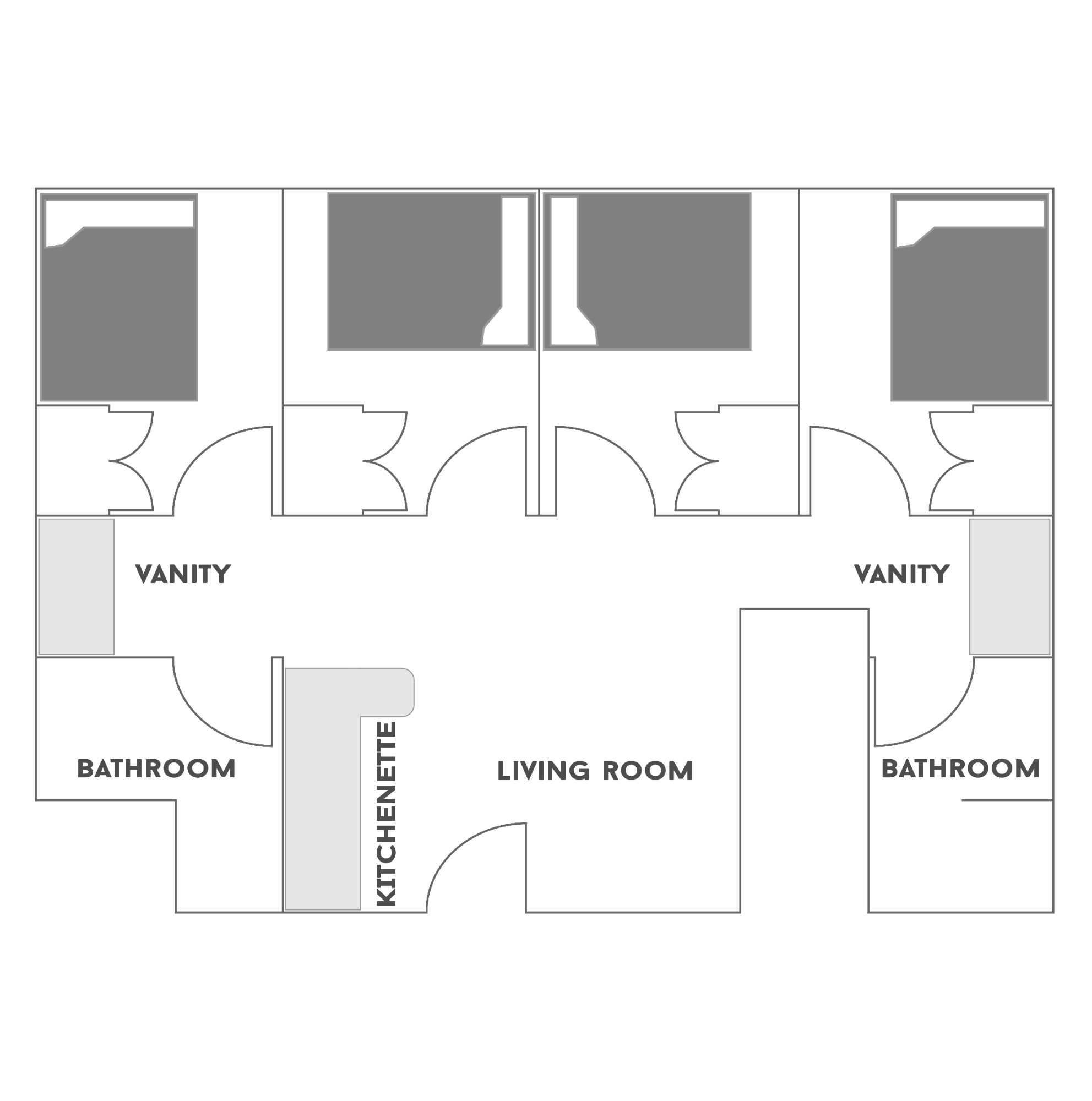 4 Bedroom/2 Bathroom floor plan for 横村. All of the furniture is movable to allow residents to individualize their space. This floor plan comes with a full-size bed. Residents share a bathroom with their roommate(s) but have a private bedroom. Residents share the responsibility of cleaning their bathroom and the common areas. Fully furnished living area includes couch, coffee table, end table and entertainment console (TV not included). Kitchenette includes sink, refrigerator, microwave and chairs.