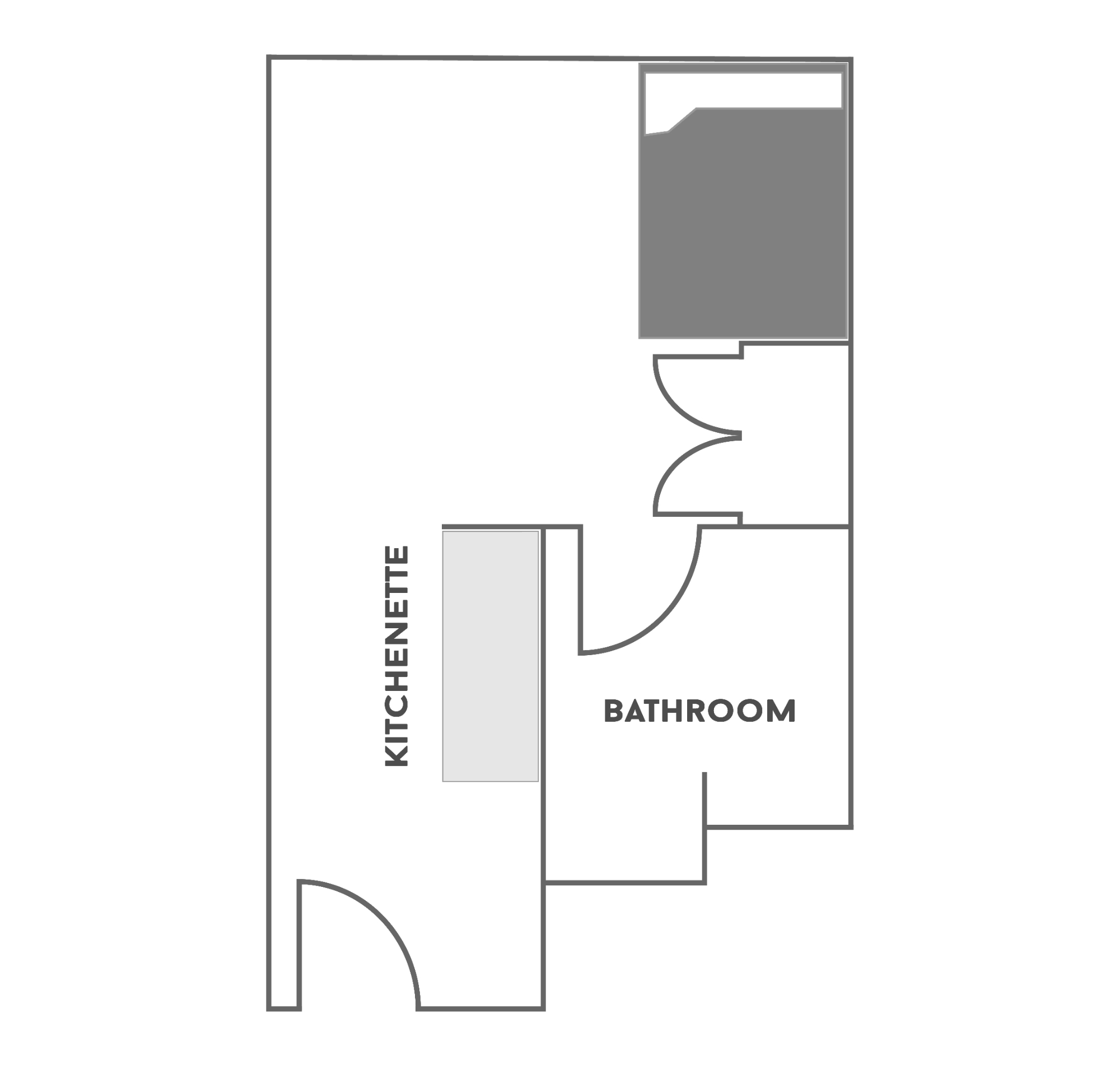 1 Bedroom/1 Bathroom floor plan for 横村. All of the furniture is movable to allow residents to individualize their space. This floor plan comes with a full-size bed. Residents have a private bedroom. Residents share the responsibility of cleaning their bathroom and the common areas. Fully furnished living area includes chairs, end table and entertainment console (TV not included). Kitchenette includes sink, refrigerator and microwave. Floor plan also includes entryway desk with chair.
