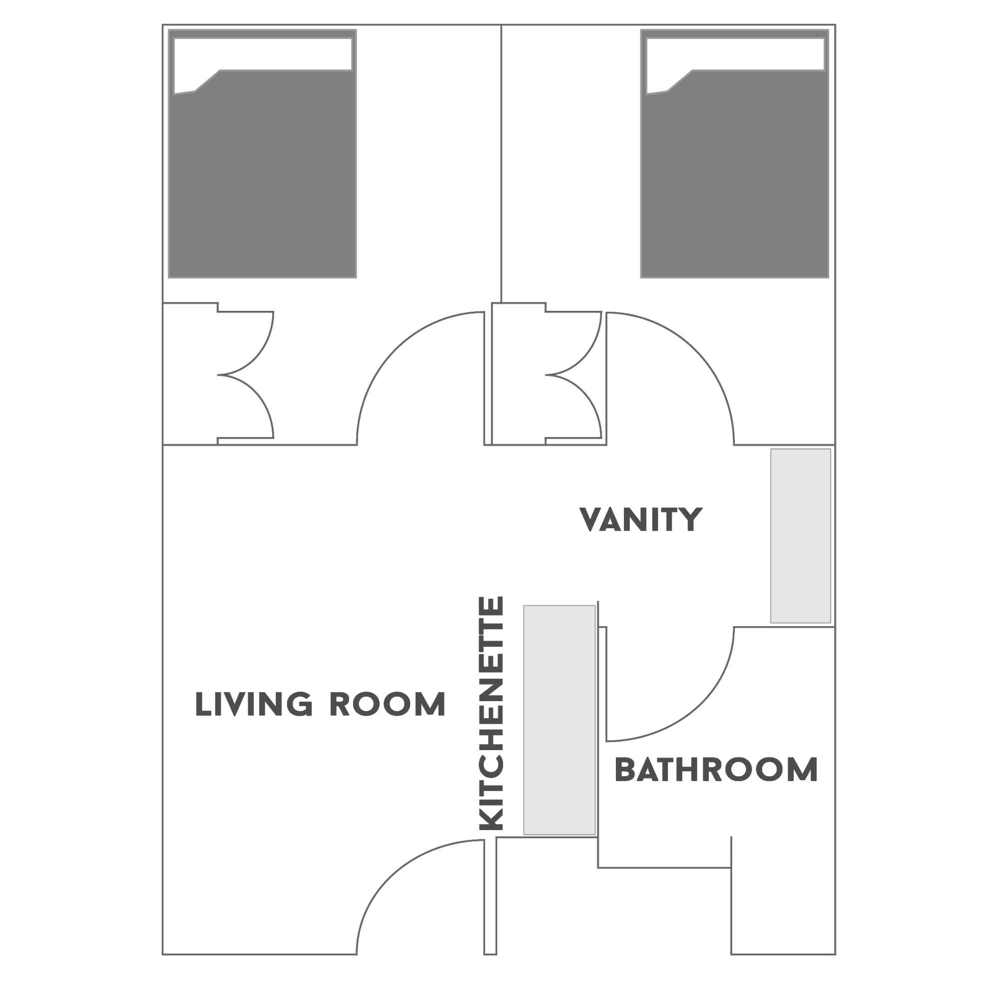 2 Bedroom/1 Bathroom floor plan for 横村. All of the furniture is movable to allow residents to individualize their space. This floor plan comes with a full-size bed. Residents share a bathroom with their roommate but have a private bedroom. Residents share the responsibility of cleaning their bathroom and the common areas. Fully furnished living area includes couch, end table and entertainment console (TV not included). Kitchenette includes sink, refrigerator, microwave and breakfast table with chairs.