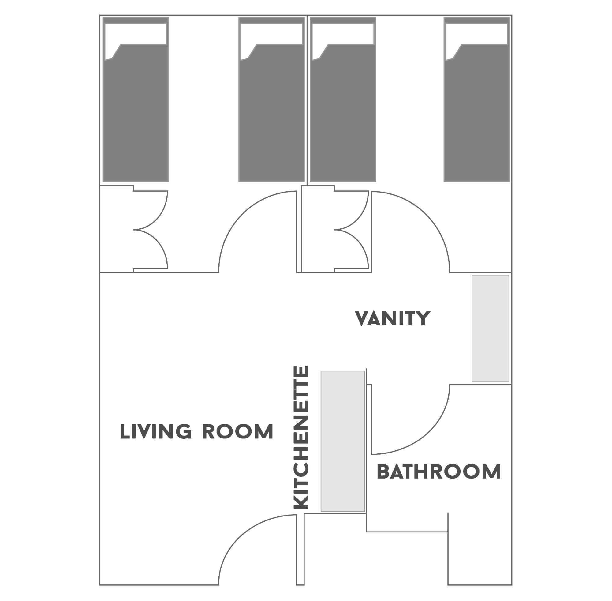 2 Bedroom/1 Bathroom Double floor plan for 横村. All of the furniture is movable to allow residents to individualize their space. This floor plan comes with a twin XL bed. Residents share a bathroom with their roommates. Residents share the responsibility of cleaning their bathroom and the common areas. Fully furnished living area includes couch, end table and entertainment console (TV not included). Kitchenette includes sink, refrigerator, microwave and breakfast table with chairs. 