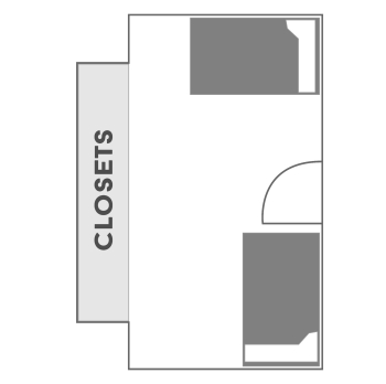 Floor plan for 大卫·l·博伦·霍尔. The floor plan shows two twin beds, two desks, two closets, two built-in dressers and a mirror.