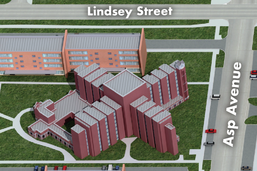 Map of 大卫·l·博伦·霍尔. A bird's-eye view shows that DLB is directly south of the South Oval. DLB resides on the west side of Asp Avenue.