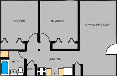 Floor plan for a 2 Bedroom/1 Bathroom in Kraettli公寓. The floor plan shows two individual bedrooms and a living/dining room. The kitchen has a refrigerator, microwave, sink and stove. There is a mechanical closet. There is one bathroom with a toilet, sink and bathtub.