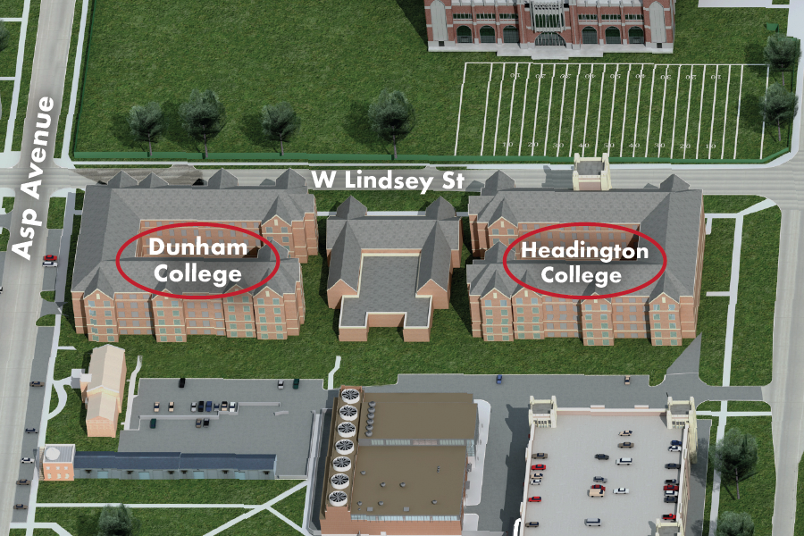 Map of Dunham and Headington Colleges. A bird's-eye view shows that Dunham College is directly west of Headington College. The 住宿学院 are to the east of Asp Avenue and the south of W. Lindsey Street.