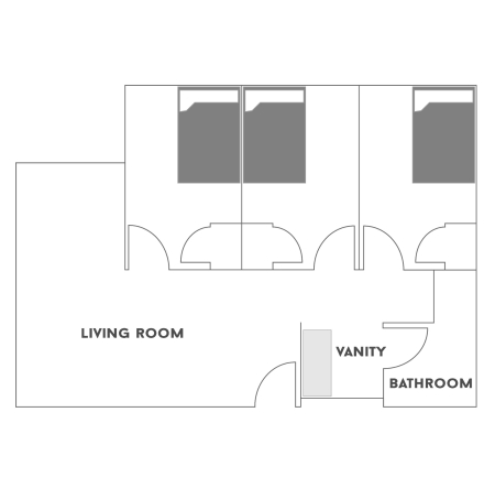Floor plan for a Three Bedroom with Living and Bath in the 住宿学院. The floor plan shows three bedrooms. Each has a full-size bed, a desk with a chair, a dresser and a closet. The living room has a couch, two lounging chairs, table, a television stand and a round table with four chairs. A double sink sits in the hallway. There is a bathroom with a toilet and a shower.