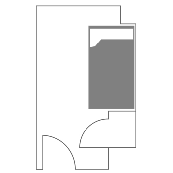 Floor plan for a One Bed Single in the 住宿学院.  The room shows a full-size bed, a desk with a chair, a dresser and a closet.