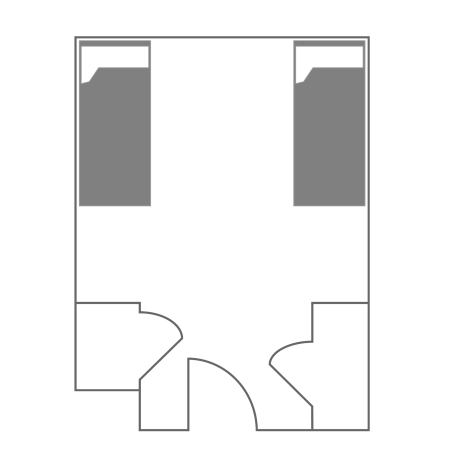 Floor plan for a Two Bed Double in the 住宿学院. The room shows two full-size beds, two desks with chairs, two dressers and two closets.