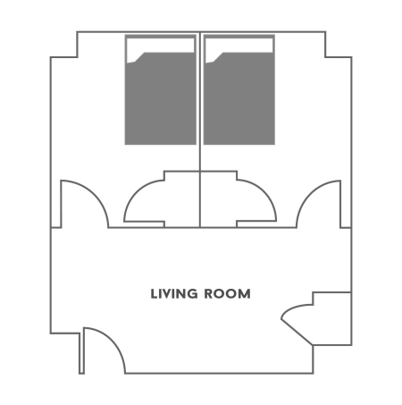 Floor plan for a Two Bedroom with Living in the 住宿学院. The floor plan shows two bedrooms. Each has a full-size bed, a desk with a chair, a dresser and a closet. The living room has a couch, table and a television stand.