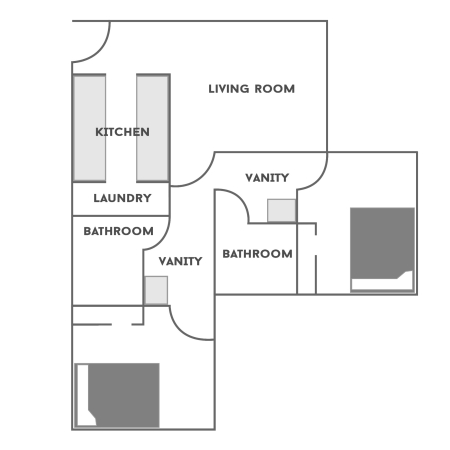 Floor plan for a 2 Bedroom/2 Bathroom at 传统广场. The floor plan shows two bedrooms. Each bedroom has a full-size bed, a desk with a chair, a dresser and a closet. There are two bathrooms. Each bathroom has a toilet and bathtub, with a sink on the exterior. The living room has a couch, lounging chair and three tables. The kitchen has a bar with stools, sink, stove, microwave and refrigerator. The laundry room has a washer and dryer.