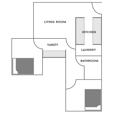 Floor plan for a 2 Bedroom/1 Bathroom at 传统广场. The floor plan shows two bedrooms. Each bedroom has a full-size bed, a desk with a chair, a dresser and a closet. There is one bathroom which has a toilet and bathtub. A double sink exists in the hallway. The living room has a couch, lounging chair and three tables. The kitchen has a bar with stools, sink, stove, microwave and refrigerator. The laundry room has a washer and dryer.