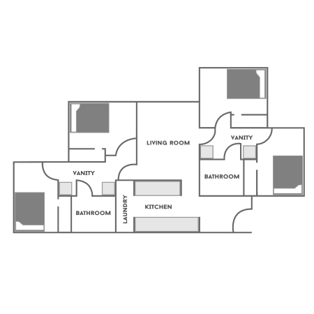 Floor plan for a 4 Bedroom/2 Bathroom at 传统广场. The floor plan shows four bedrooms (A, B, C and D). Each bedroom has a full-size bed, a desk with a chair, a dresser and a closet. There are two bathrooms. Each has a toilet and bathtub. There are two hallway entries to the bathroom. Each has a double sink in the area. The living room has a couch, lounging chair and two tables. The kitchen has a bar with stools, sink, stove, microwave and refrigerator. The laundry room has a washer and dryer.