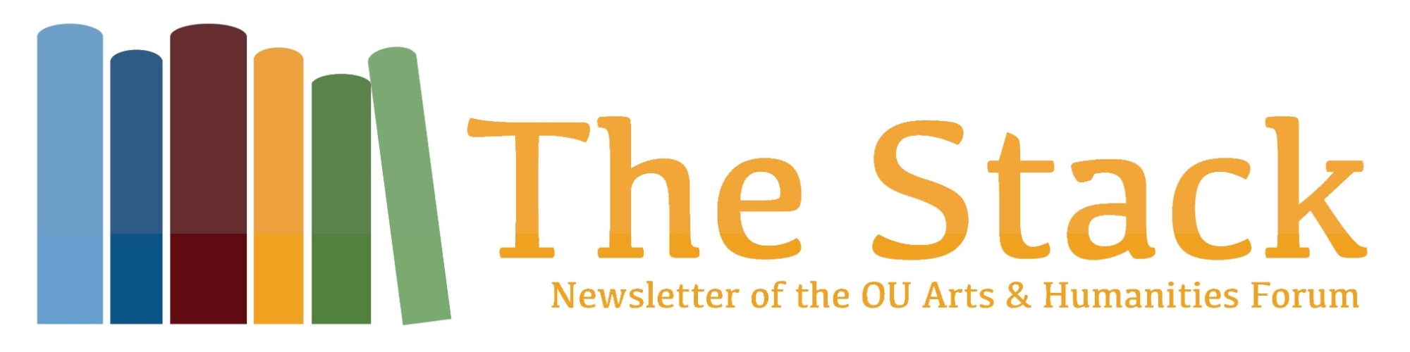 Abstract emblem of six books in various colors. With text: The Stack: Newsletter of the OU Arts & 人文论坛
