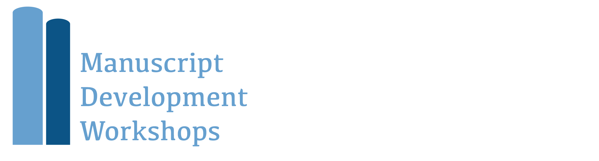 Abstract emblem of two blue books, one lighter, with the text "Manuscript Development Workshop"