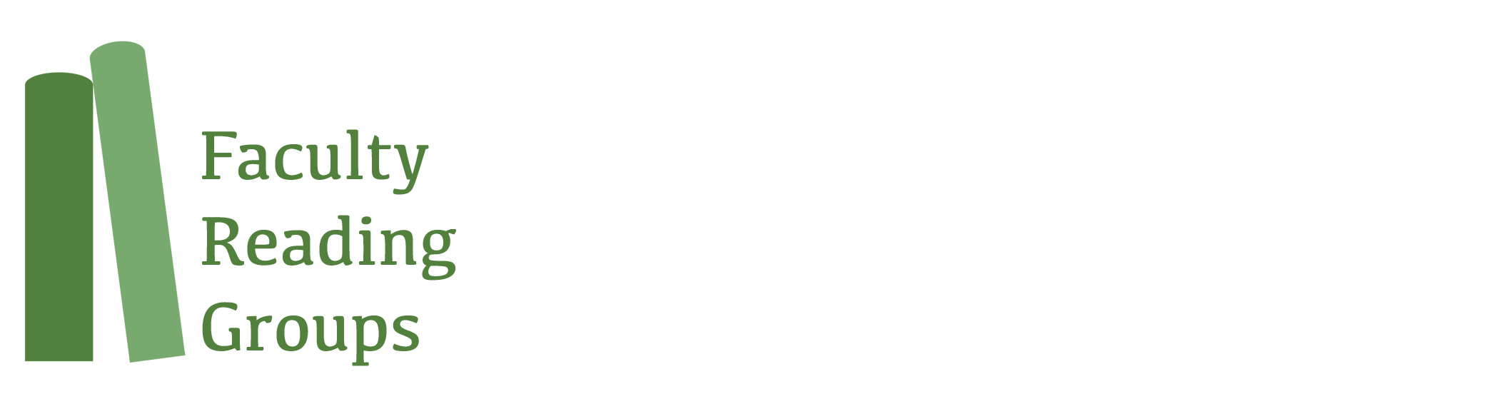 Abstract emblem of two green books, one darker and one lighter leaning on the first, with the text "Faculty Reading Groups"