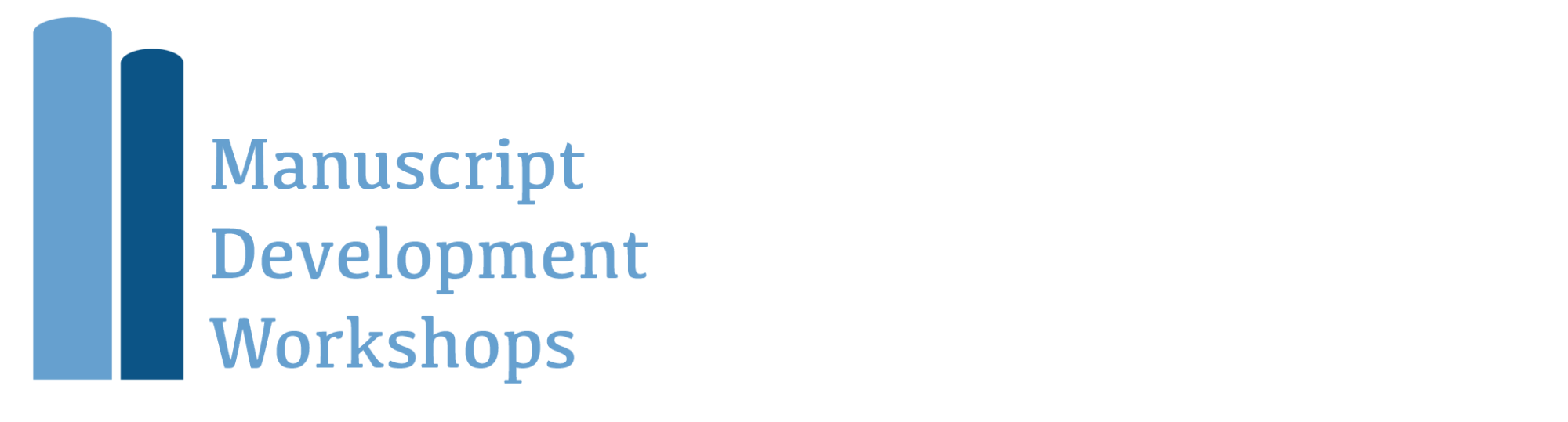 Abstract emblem of two books one dark blue and one light blue, with the text "手稿发展工作坊"