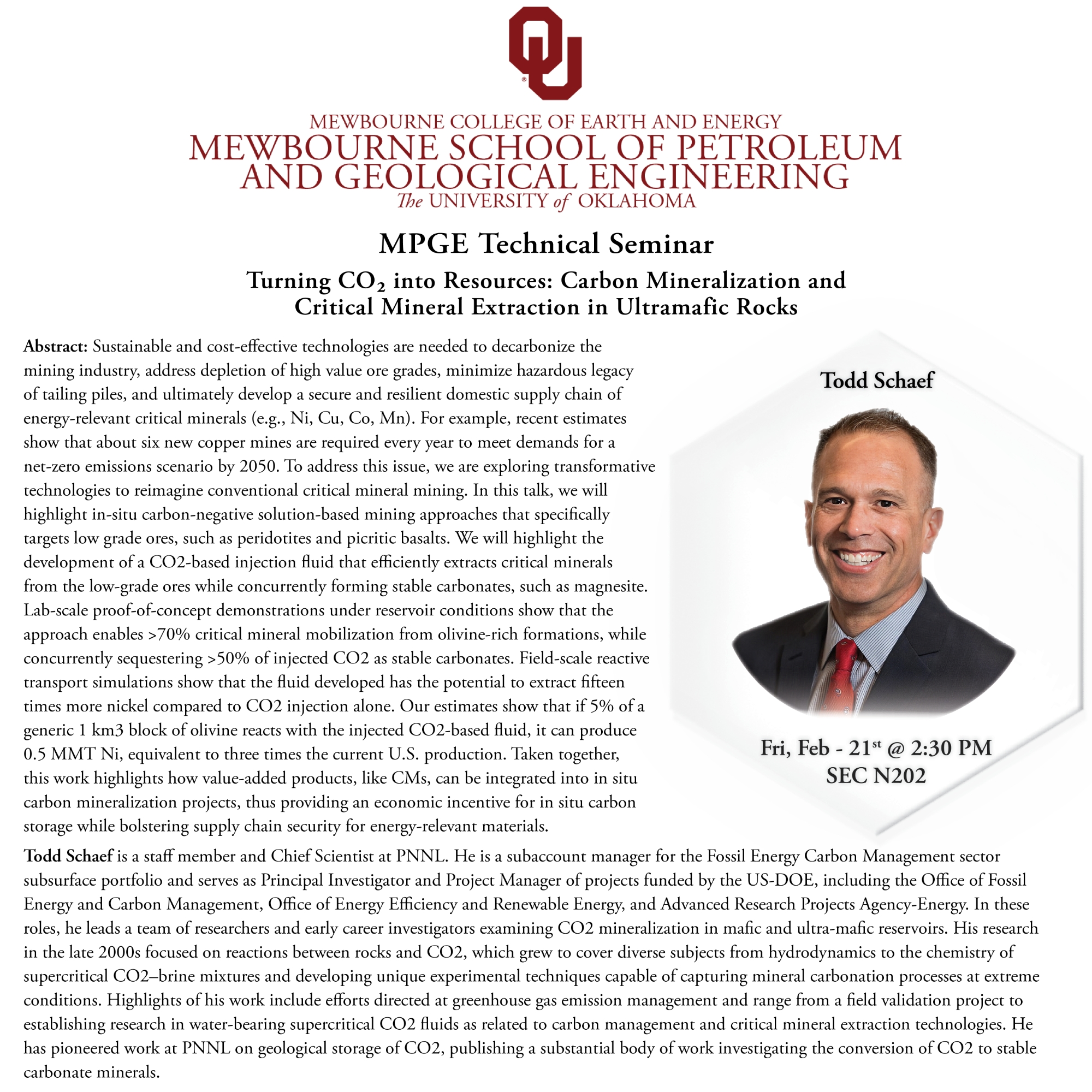 Abstract and Bio for Todd Schaef's Seminar for the MPGE Technical Seminar on February 21 at 2:30 PM in room SEC N202