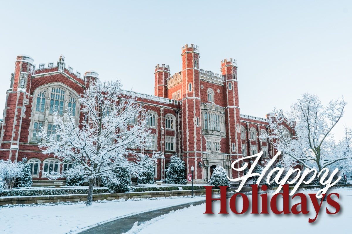 Happy Holidays in front of Evans Hall