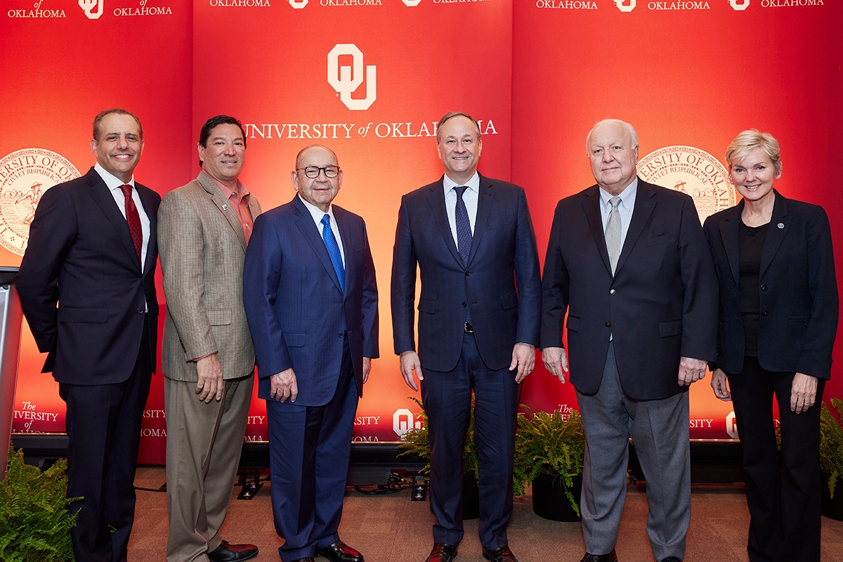 OU President Joseph Harroz Jr., Cheyenne and Arapaho Tribes Governor Reggie Wassana, Chickasaw Nation Governor Bill Anoatubby, Second Gentleman Douglas Emhoff, Citizen Potawatomi Nation Tribal Chairman John “Rocky” Barrett and U.S. Secretary of Energy Jennifer M. Granholm