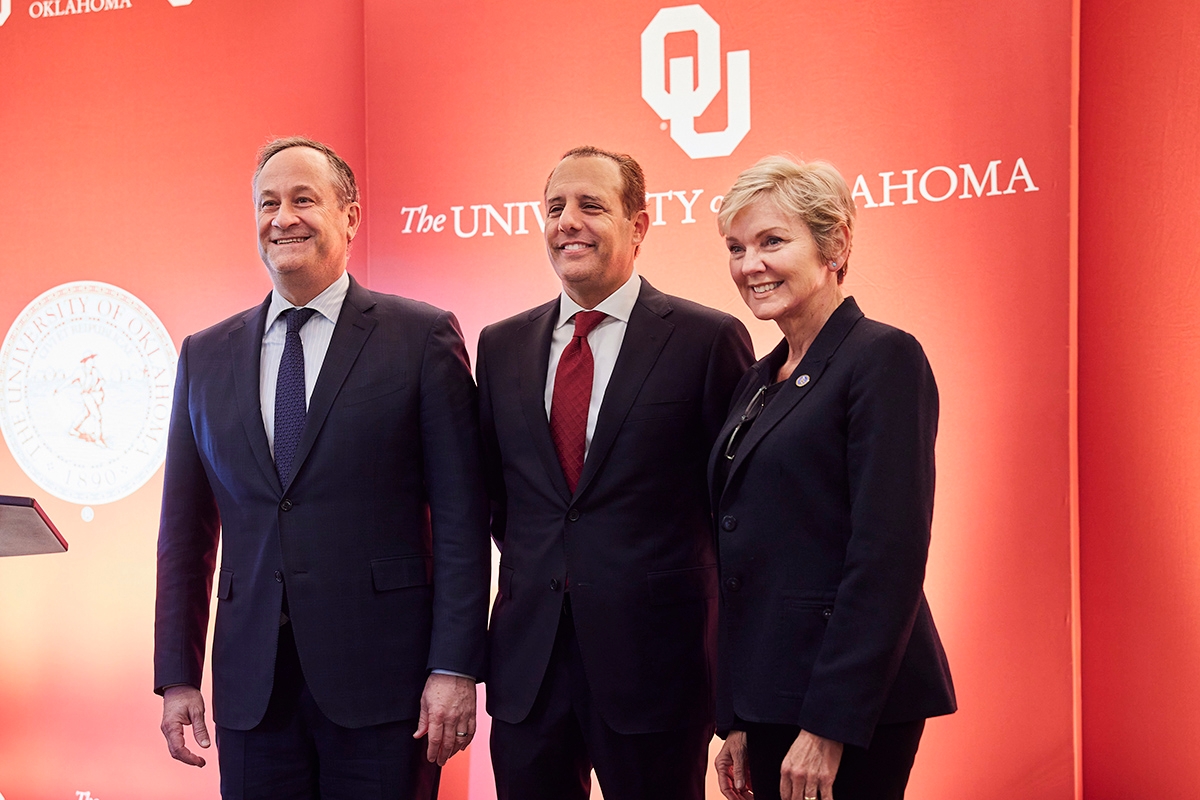 Second Gentleman Douglas Emhoff, OU President Joseph Harroz Jr., and U.S. Secretary of Energy Jennifer M. Granholm