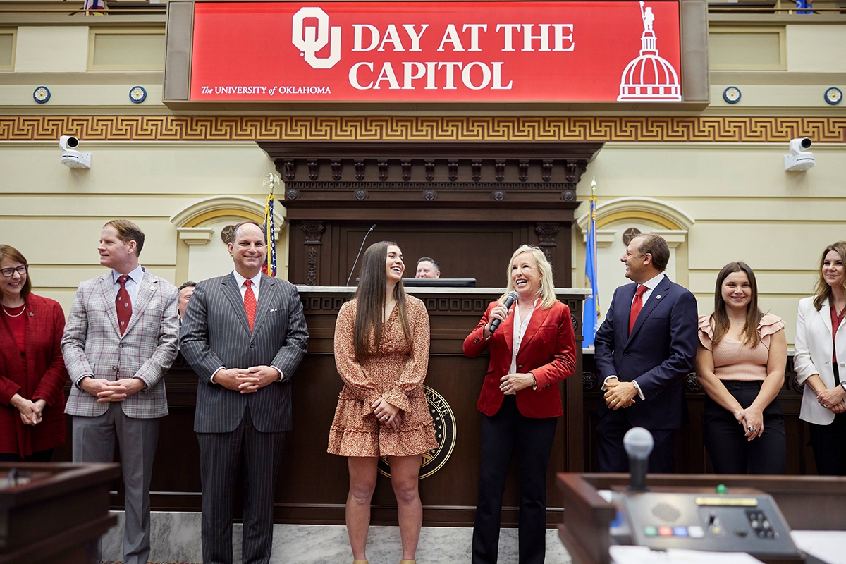From left: Sen. Mary Brown Boren, OU Regent Robert J. Ross, OU Vice President and Director of Athletics Joe Castiglione, OU Softball team captain Grace Lyons, OU Softball Head Coach Patty Gasso, OU President Joseph Harroz Jr., 2022 OU Women’s Gymnastics team member Karrie Thomas, Ashley Harroz.