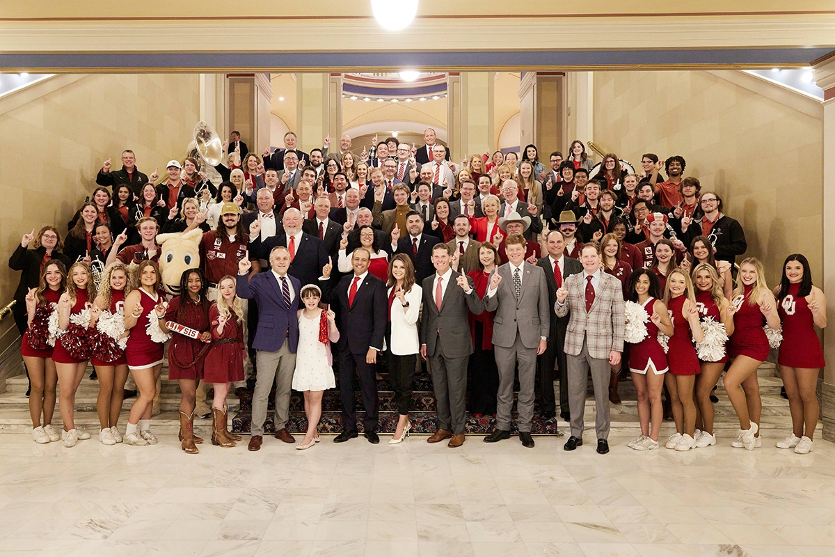 OU President Joseph Harroz Jr., OU mascot Boomer and members of OU Spirit celebrate OU Day at the Capitol.