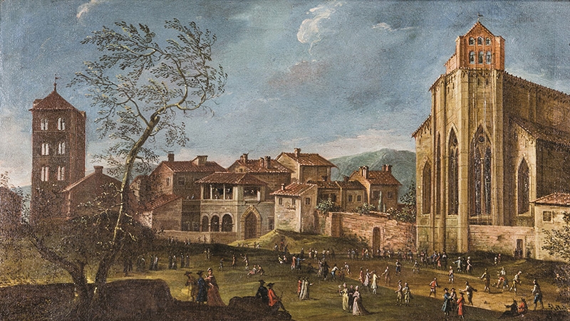 Unknown Italian Painter, Playing Bocce in the Bell Tower Courtyard of the Cathedral of Arezzo, Late 1700s, Oil on canvas, Museum Civico, Montepulciano (Siena), Image: Museo Civico di Montepulciano