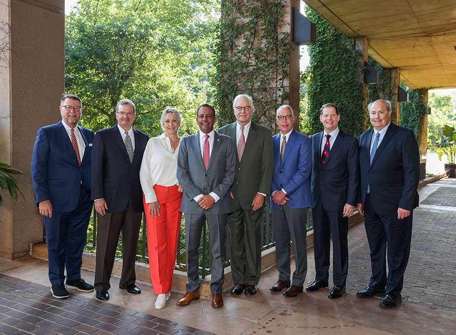 Pictured from left to right: Guy Patton, President and CEO of OU Foundation; Andrew Roff, Inasmuch Foundation Board Member; Jill Tiefenthaler, Board Member; Joseph Harroz Jr., President of the University of Oklahoma; Pat Rooney, Board Member; David Griffin, Board Member; Bob Ross, Chairman and CEO of Inasmuch Foundation and Dr. Gary E. Raskob, Senior Vice President and Provost at the University of Oklahoma Health Sciences.