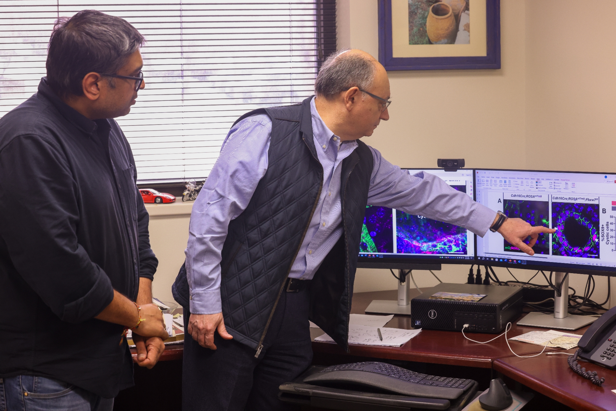 Maulin Patel, Ph.D., left, and Leonidas Tsiokas, Ph.D., staring at data on computer screens. 