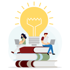 Vector image of students sitting on books using laptops and a large lightbulb.