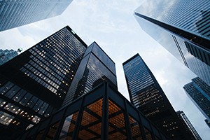 Skyscrapers are pictured in a photo of a city's downtown.