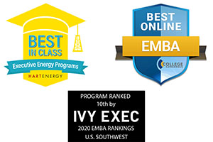 Photo of the badges for Hart Energy Best in Class Executive Energy Programs, College Consensus Best Online EMBA AND Program Ranked 10th by Ivy Exec 2020 EMBA Rankings U.S. Southwest