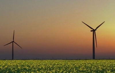 Wind turbines at sunset
