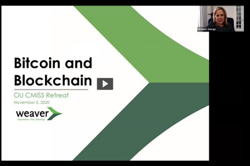 Zoom image from the Bitcoin and Blockchain OU CMISS Retreat on November 1, 2020 Moderated by Brittany George, shown in photo 