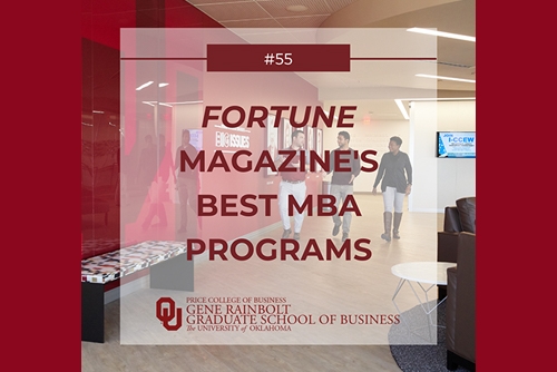 Photo of students walking through the hall at Gene Rainbolt Graduate School. Text overlay reads #55 Fortune Magazine's Best MBA Programs - Price College of Business, Gene Rainbolt Graduate School of Businss, 皇冠体育