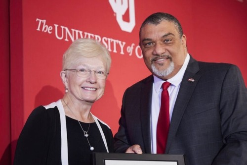 Margarett Shaffer (left) and André-Denis Wright (right) pose for a photo at the awards event