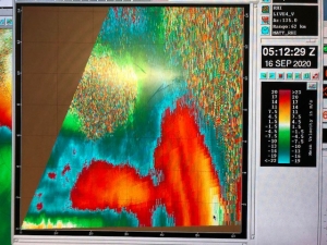 •	Image of the vertical cross-section through the eyewall of Hurricane Sally showing winds exceeding 90 mph along the inner edge of the eyewall.