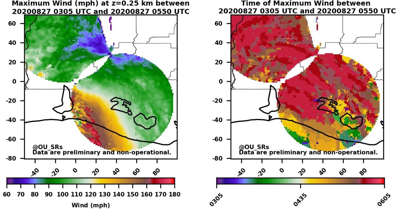 A preliminary map of max winds that occurred to the south and southeast of Lake Charles, LA for a three hour period ending at landfall. Winds located just 250 meters above the ground reached up to 180 miles per hour.