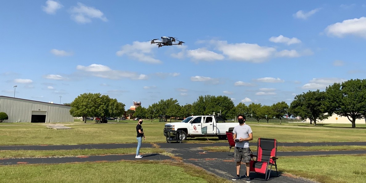 Launch of the OU CopterSonde from the University of Oklahoma Max Westheimer Airport. The airport tower can be seen in the background.