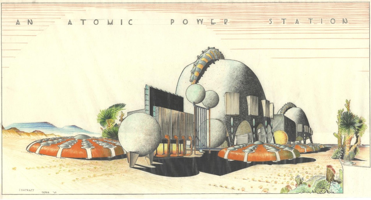 Above: John Casper, Atomic Power Station, ca. 1960. Christopher C. Gibbs College of Architecture Collection, American School Archive, University of Oklahoma Libraries.