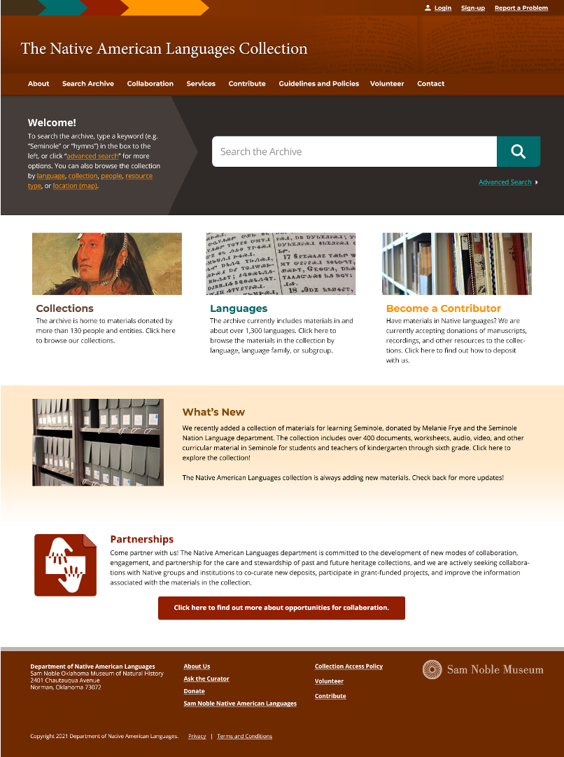 Mock-up of Native American Languages website.