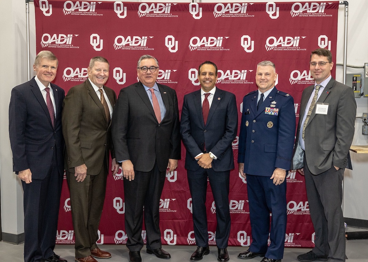 Lt Gen (ret) Don Wetekam, Gen (ret) Robin Rand, OU Vice President for Research and Partnerships Tomás Díaz de la Rubia, OU President Joseph Harroz Jr, Col Brian Moore, Mark Benedict