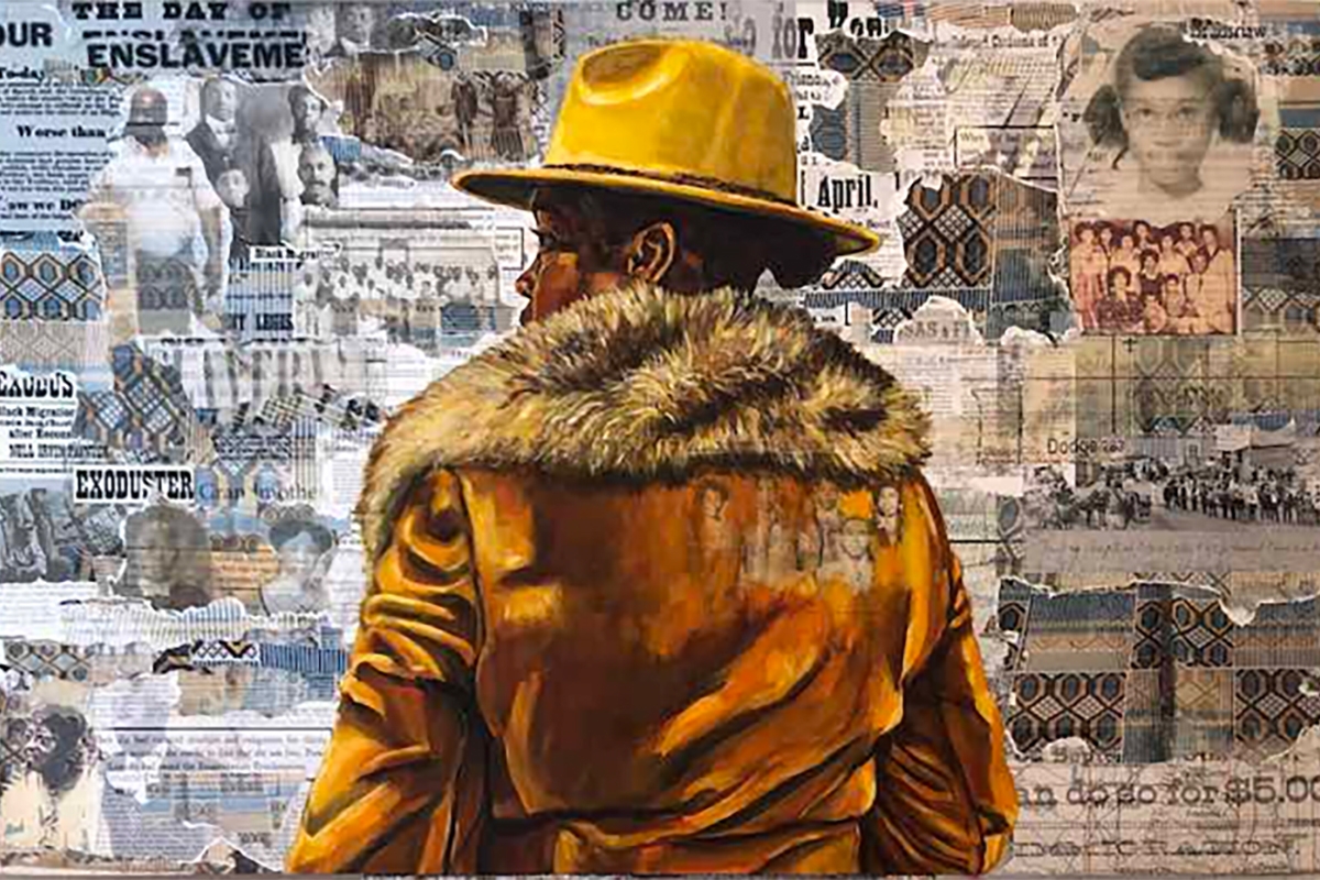 Shyanne Dickey, Tried and True, 2022, digital collage torn and mounted on panel with oil paint, image courtesy of the artist